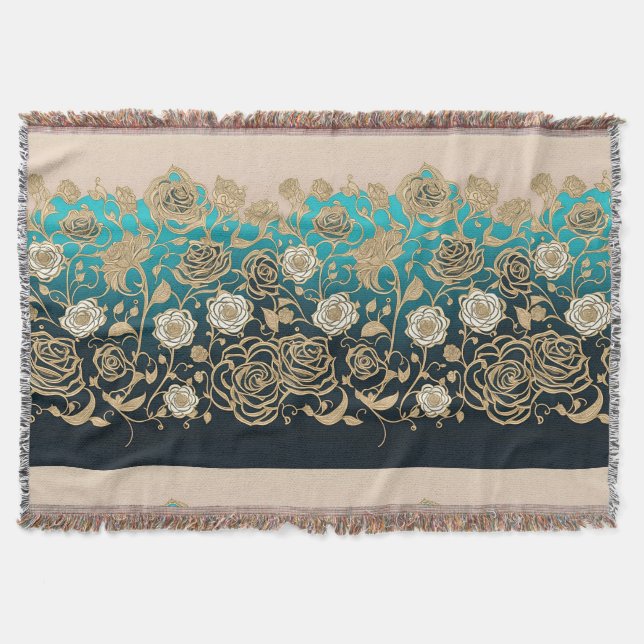 Cobertor Rosas Dourados com fundo turquesa (Frente)