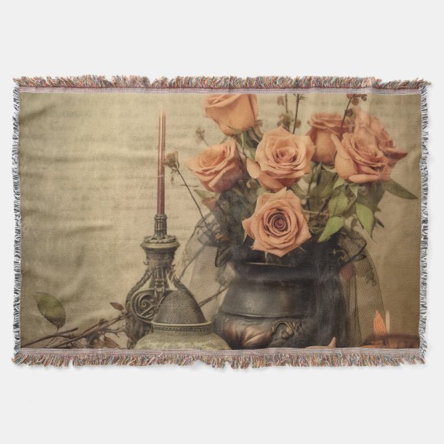 Cobertor Rosas Macabras Vintage Caveiras Sépia (Frente)