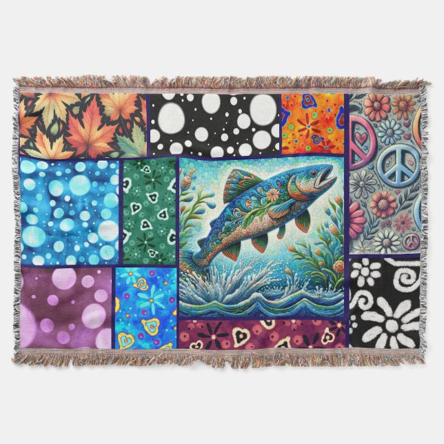 Cobertor Salmon Crazy Quilt Floral Whimsical Colorful (Frente)