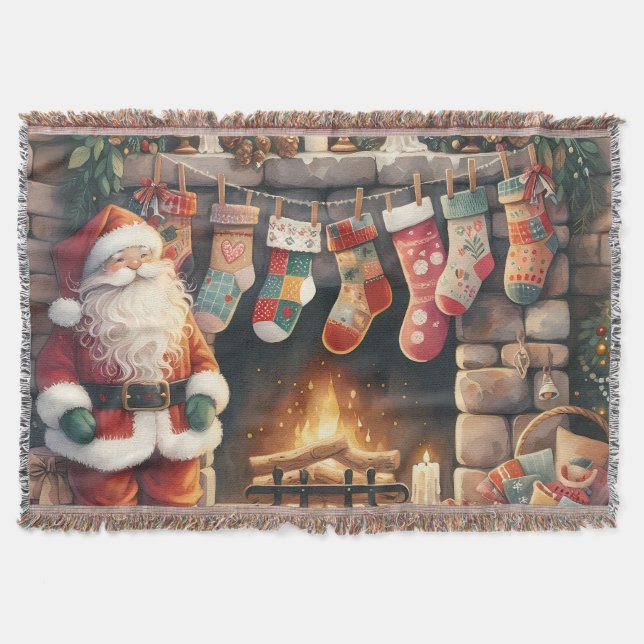 Cobertor Santa by Fireplace Christmas Stockings (Frente)