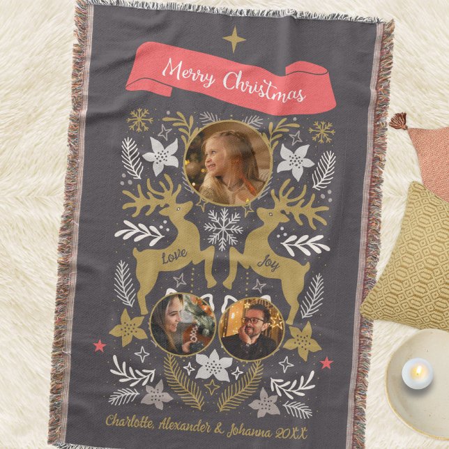 Cobertor Scandinavian Reindeer 3 Photo Family Keepsake (Scandinavian Reindeer 3 Photo Holiday Throw Blanket © Susanne Sachers - Sunny Mind Design. 🌞)