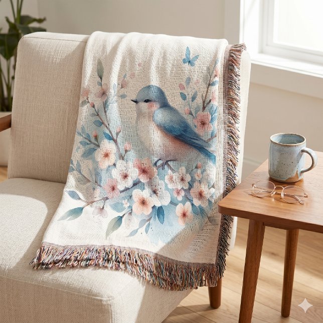Cobertor Serenidade em Aquarela Bluebird Blossom (Bluebird Blossom Watercolor Serenity Throw Blanket)