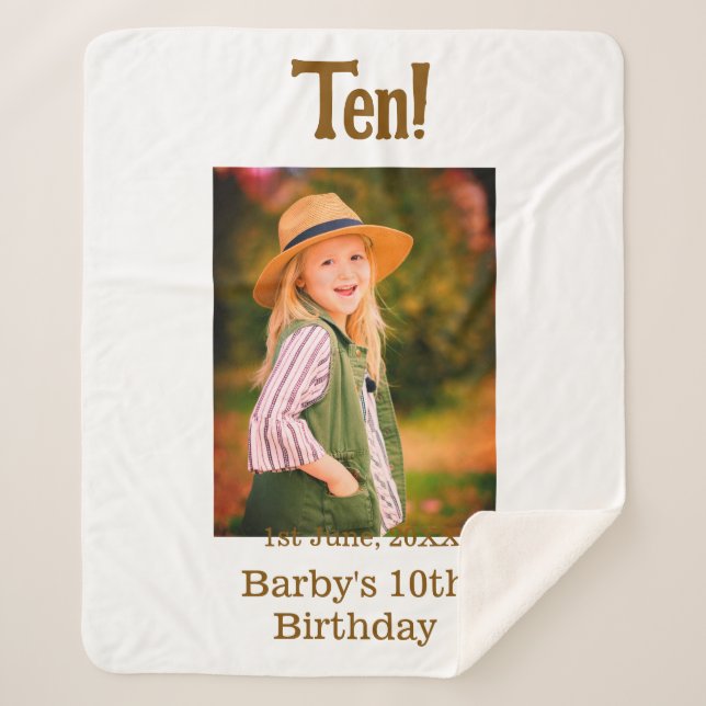 Cobertor Sherpa 10th birthday photo name date simple brown beige b (Frente)