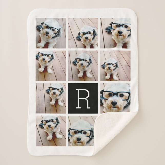 Cobertor Sherpa 11 Colagem de Fotografias e Grande Monograma preto (Frente)