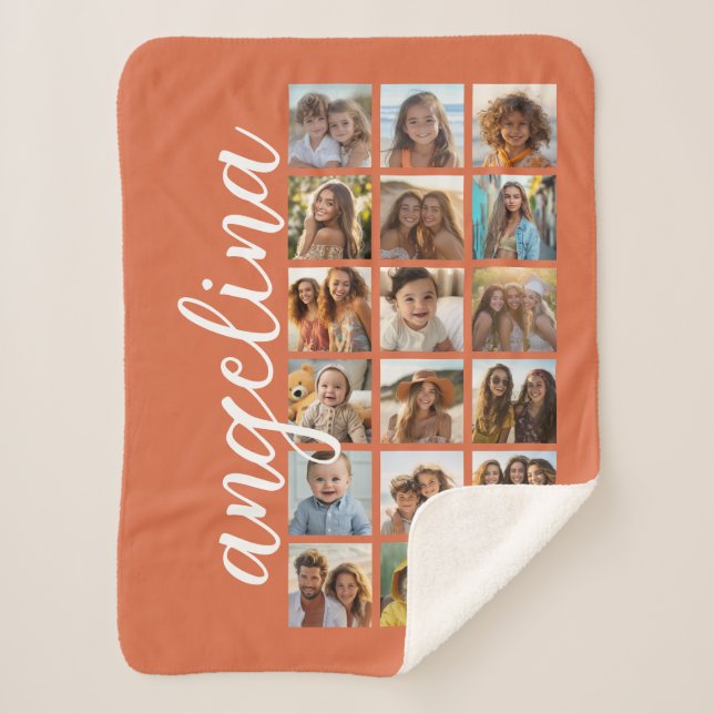 Cobertor Sherpa 18 Photo Collage with Large Script - Terra Cotta  (Frente)