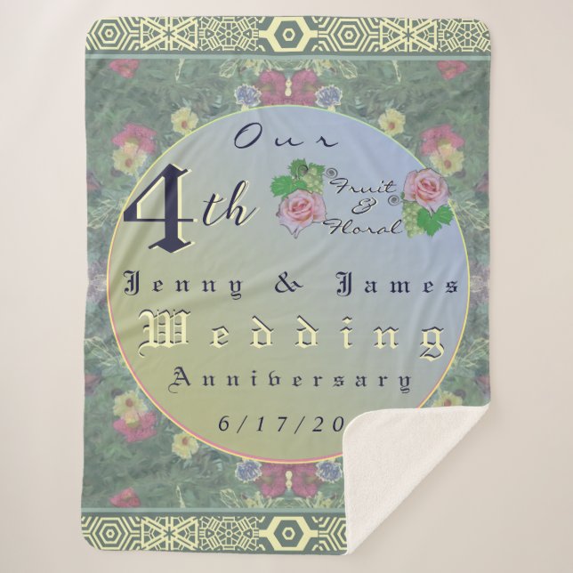 Cobertor Sherpa 4th Year Wedding Anniversary Green&Blue Flower (Frente)