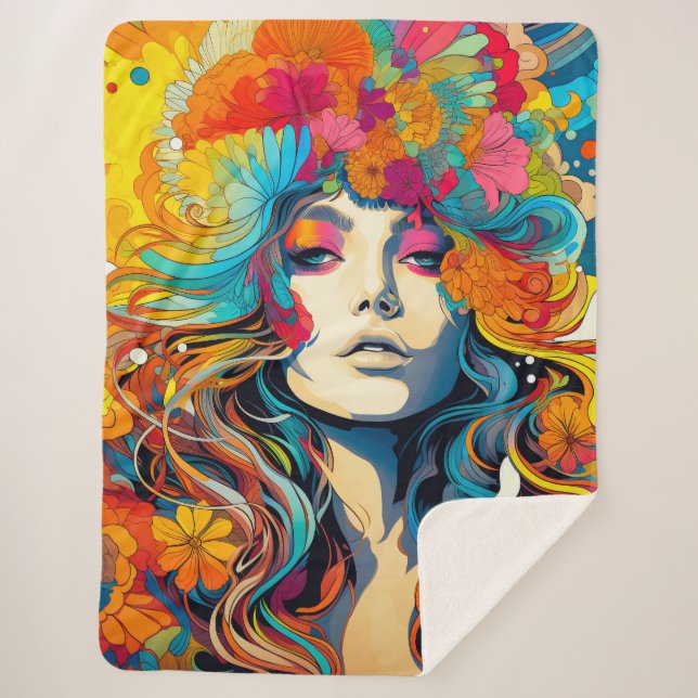 Cobertor Sherpa 60s 70s Hippy Woman Psychedelic Hippie (Frente)