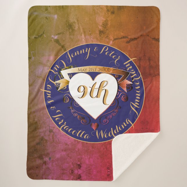 Cobertor Sherpa 9º Aniversário do Casamento Terracotta Lapis Lazul (Frente)