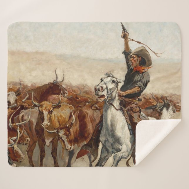 Cobertor Sherpa A Arte Ocidental Roundup de Frederic Remington (Frente (Horizontal))