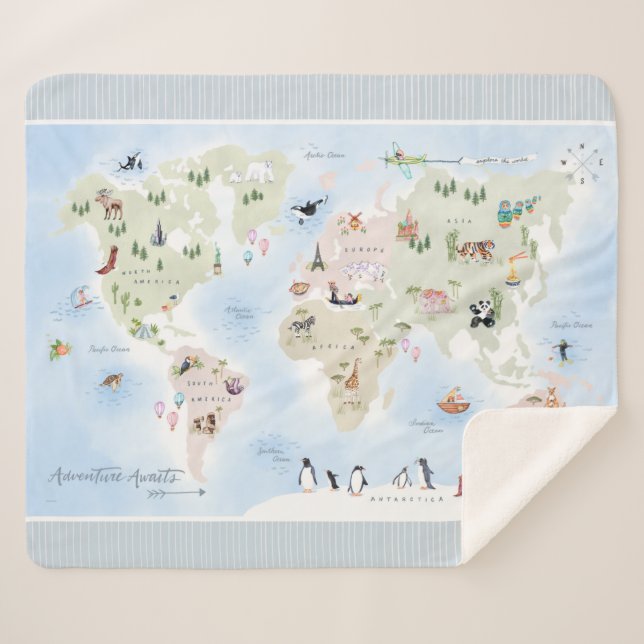 Cobertor Sherpa A Aventura Aguarda o Mapa Mundial (Frente (Horizontal))