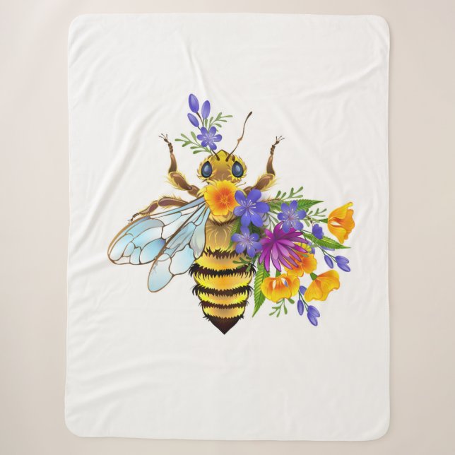 Cobertor Sherpa Abeja flor com plantas silvestres (Frente)