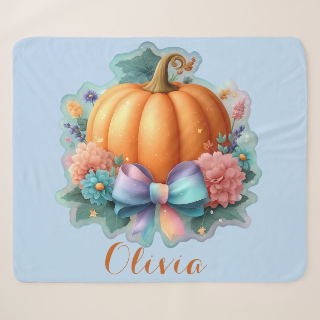 Cobertor Sherpa Abóbora Bela com Flores Personalizadas (Frente (Horizontal))