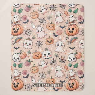 Cobertor Sherpa Abóbora Fantasma Kawaii Padrão Halloween Laranja