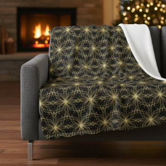 Cobertor Sherpa Abstract Gold Starburst Geometric Pattern Black