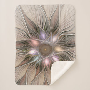 Cobertor Sherpa Abstrato Beige Brown Floral Fractal de Flor Joyful