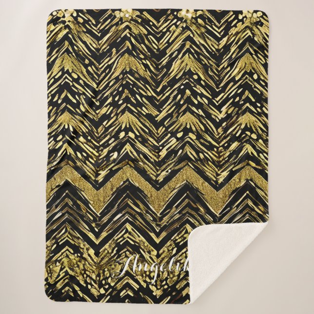 Cobertor Sherpa Abstrato Chevron Dourado e Black Personalization N (Frente)