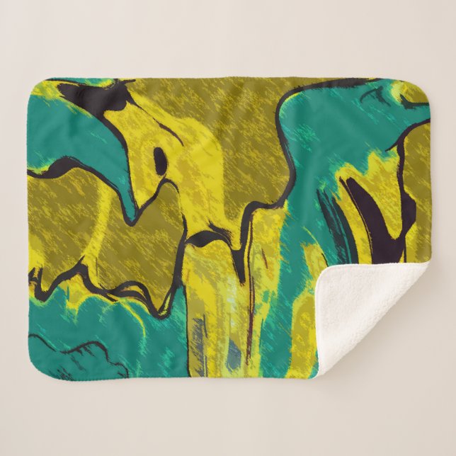 Cobertor Sherpa Abstrato de Teal Amarelo da Mostarda (Frente (Horizontal))