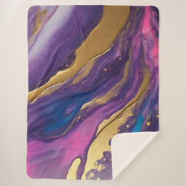 Cobertor Sherpa Abstrato Fluxo de Arte Azul Roxo Rosa e Dourado-