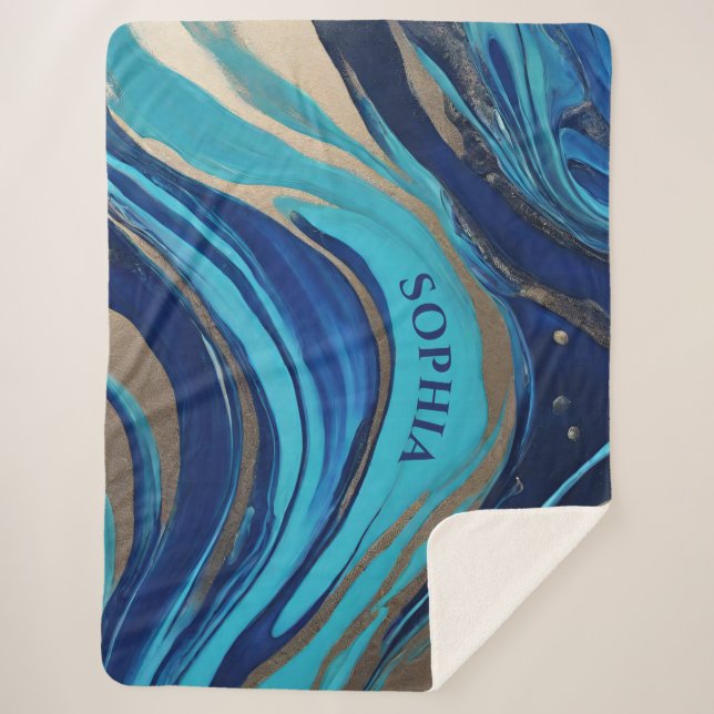 Cobertor Sherpa Abstrato moderno - Azul de Arte e Dourado- (Frente)