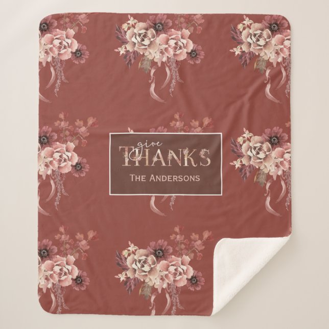 Cobertor Sherpa Ação de Graças Personalizada de Aquarela Floral (Frente)