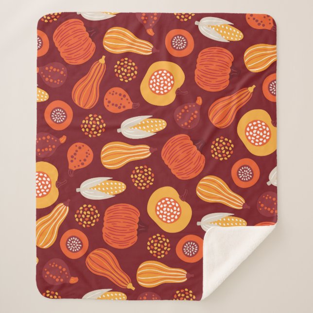 Cobertor Sherpa Ação de Graças Pumpkin Brown Seamless Pattern. (Frente)