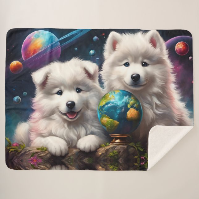 Cobertor Sherpa Adoráveis Fofos Samoyed Puppies, Planetas Terra (Frente (Horizontal))