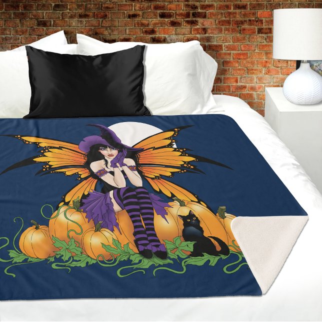 Cobertor Sherpa Adorável Fada de Halloween com Abóbora e Gato Pret (Criador carregado)