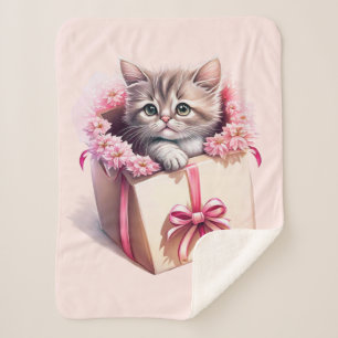 Cobertor Sherpa Adorável Kitten em uma Caixa Aniversário Presente