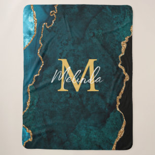 Cobertor Sherpa Ágata Marmore Azul Teal e Dourado