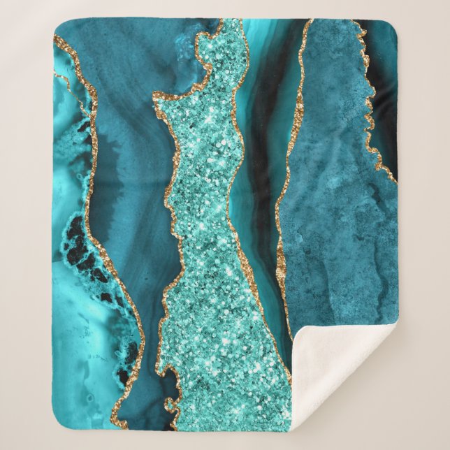 Cobertor Sherpa Agate Teal Blue Glitter Marble Aqua Turquoise (Frente)