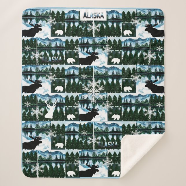 Cobertor Sherpa Alaska Watercolor Mounts Landscape Med (Frente)