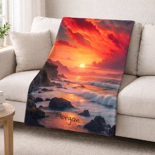 Cobertor Sherpa Alfery Fiery Sunset Coastline - Clipes Oceanos