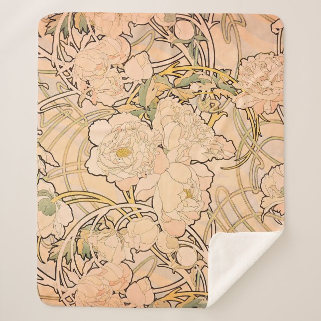 Cobertor Sherpa Alfonse Mucha Art Nouveau Peonies (Frente)
