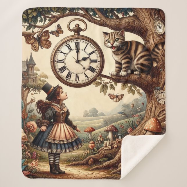 Cobertor Sherpa Alice & Cheshire Cat: Whimsical Wonderland Fantasy (Frente)