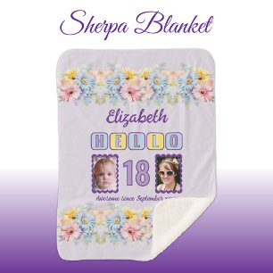 Cobertor Sherpa Alô 18 2 foto nome data flores roxas