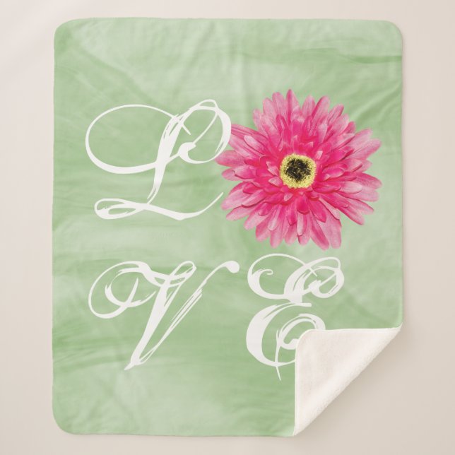 Cobertor Sherpa AMA Typografia Rosa Gerbera Daisy Flower em Verde (Frente)