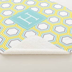 Cobertor Sherpa Amarelo Brilhante e Padrão Aqua Monograma