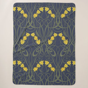 Cobertor Sherpa Amarelos Narcisos e Caules Azul Art Nouveau