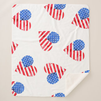 Cobertor Sherpa American Flag Hearts Watercolor.
