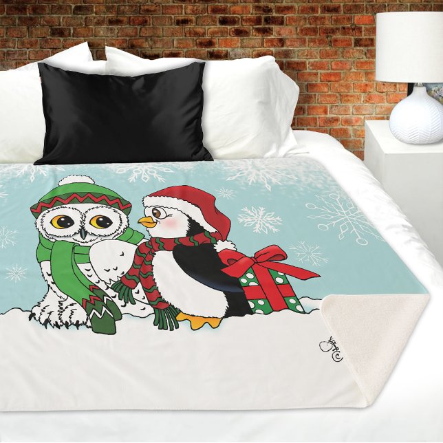 Cobertor Sherpa Amizade Cute Penguin Snowy Owl (Criador carregado)