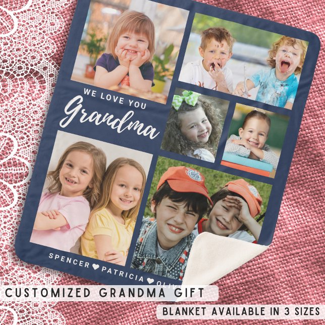 Cobertor Sherpa Amo-Te Vovó Netos 6 Foto Colagem Azul (Love You Grandma Grandkids 6 Photo Collage Blue Sherpa Blanket-Grandma Gift idea)