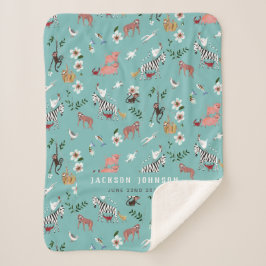 Cobertor Sherpa Animais azuis fofos preguiça, zebra & berçário de 