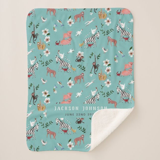 Cobertor Sherpa Animais azuis fofos preguiça, zebra & berçário de  (Frente)