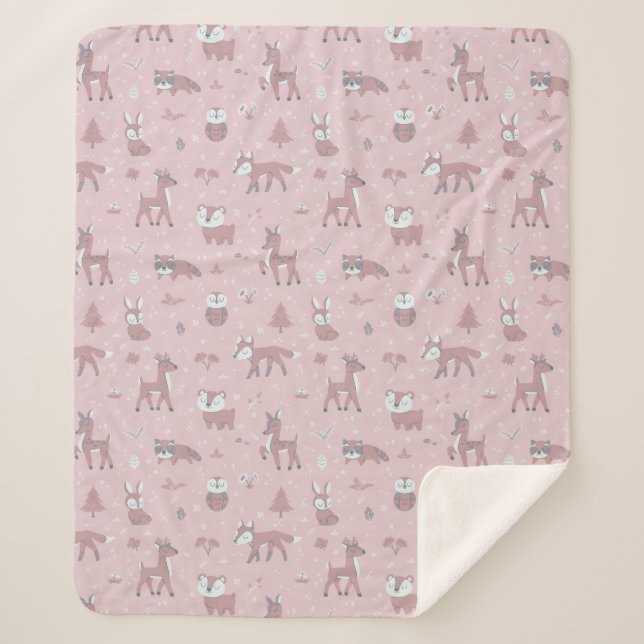 Cobertor Sherpa Animais da Floresta Sonolentos Rosa (Frente)