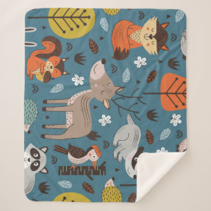 Cobertor Sherpa Animais florestais, azul, estilo escandinavo