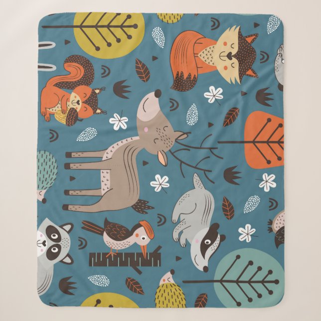 Cobertor Sherpa Animais florestais, azul, estilo escandinavo (Frente)