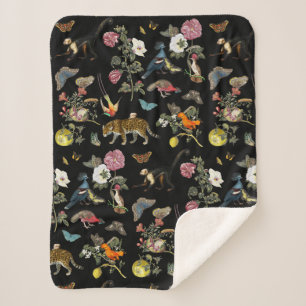 Cobertor Sherpa Animais Selvagens Botânicas Escuros Vintage na Flo