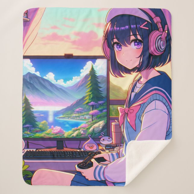 Cobertor Sherpa Anime Gamer Girl, (Frente)