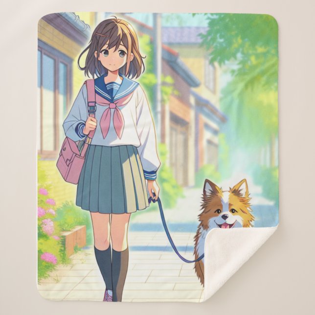 Cobertor Sherpa Anime Girl Dog Walker (Frente)