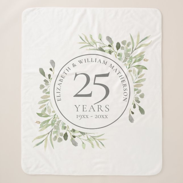 Cobertor Sherpa Aniversário de 25 anos de Casamento com Vegetação (Frente)
